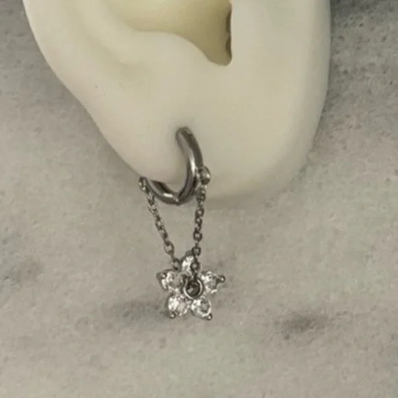 Sterling Silver Crystal Flower Chain Dangle Huggie Hoop Earrings Brand New - Picture 3 of 3